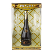 Pravda Espresso Vodka Ajándékcsomag 2 Flute Pohárral 0,7L 37,5%